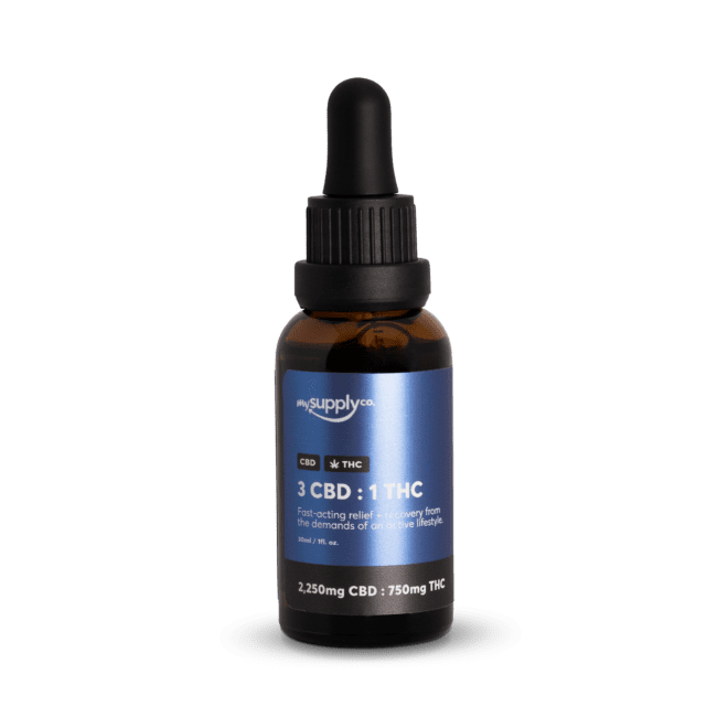 3 CBD : 1 THC Oil with 2,250mg CBD and 750mg THC per bottle (Front)
