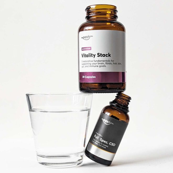 Get-Up-and-Glow-Set-Vitality-Stack-Microdose-Capsules-Full-Spectrum-CBD-Close-Up Get Up + Glow Set Vitality Stack Microdose Capsules Full Spectrum CBD Oil by My Supply Co.