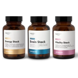 The Trinity Psilocybin Microdose Stacks Canada. From right to left, Energy Stack, Brain Stack, and Vitality Stack psilocybin microdosing capsules