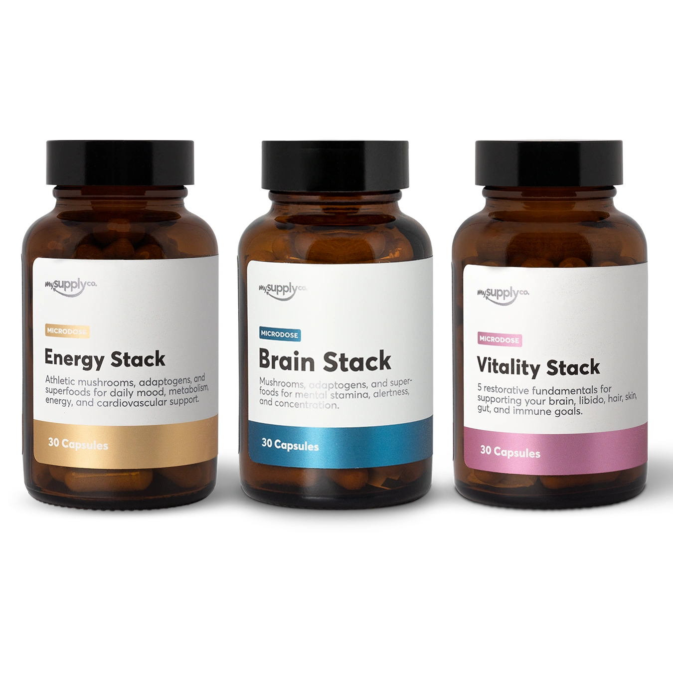 The Trinity Psilocybin Microdose Stacks Canada. From right to left, Energy Stack, Brain Stack, and Vitality Stack psilocybin microdosing capsules