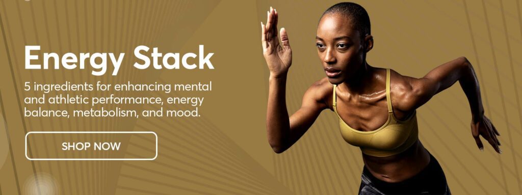 Image with woman that is sprinting, focused and in the zone, for a banner ad of our Energy Stack Microdose Capsules