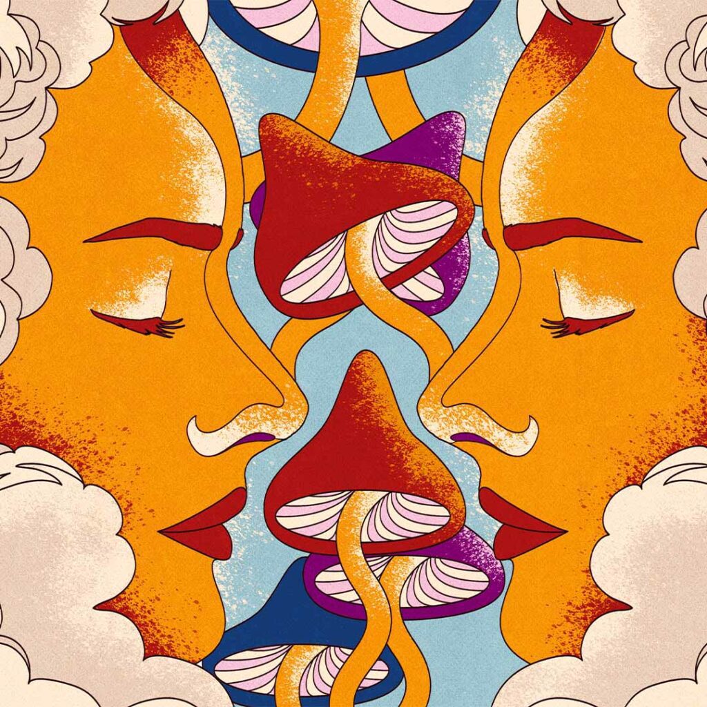 Artwork by Maria Jesus Contreras depicting a woman's face, psychedelic mushrooms, and clouds