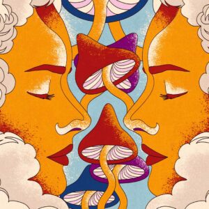 Artwork by Maria Jesus Contreras depicting a woman's face, psychedelic mushrooms, and clouds