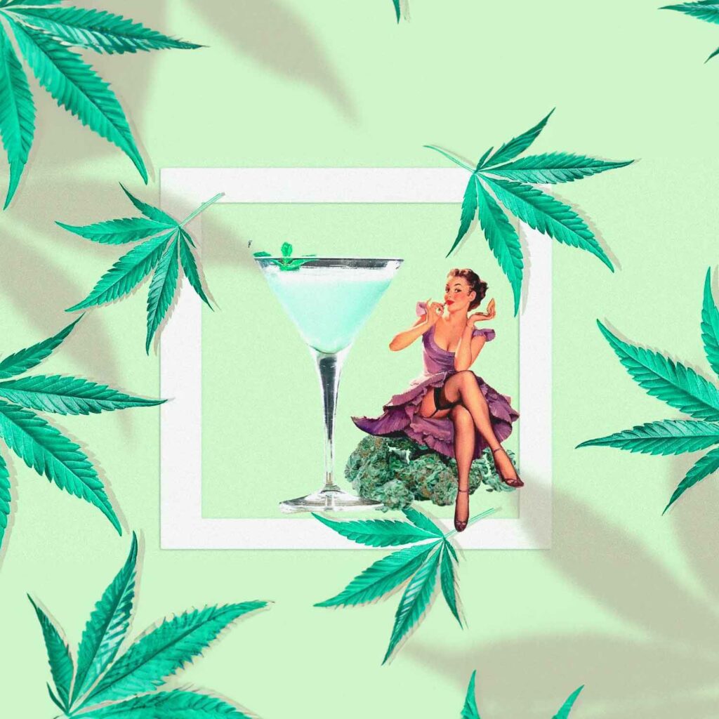 A collage art of a pinup lady sitting on cannabis buds next to a grasshopper cocktail for an article on 2 green cannabis cocktail recipes for st. patrick's day