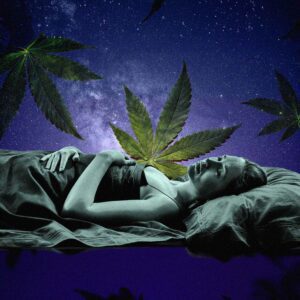 Collage of woman sleeping with cannabis leaves floating among the stars in space for an article on cannabis for sleep