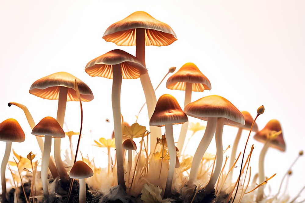 Photograph of the strongest magic mushroom strain, Psilocybe azurescens, commonly known as Flying Saucers