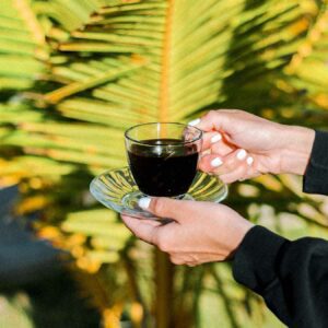 Hand holding cup of coffee in front of a palm frond