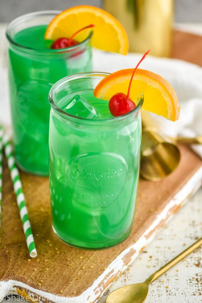 A photograph of two stoned leprechaun cocktails for an article about 2 cananbis cocktail recipes to try on st. patrick's day