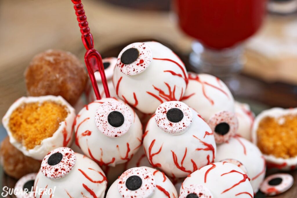 Photograph of cannabis-infused eyeball cake pops for an article about 3 cannabis-infused halloween recipes