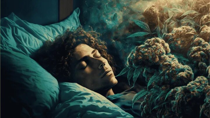CBN for Sleep: Revealing the Truth | Cannabis 101 | My Supply Co. Collage of sleeping man and CBN-rich flower in article on CBN for sleep