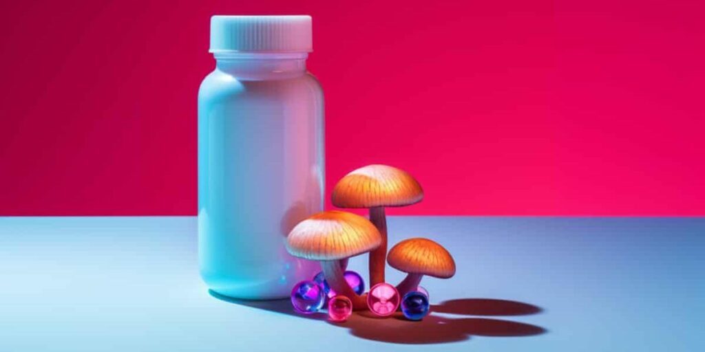 3d image of magic mushrooms next to bottle of prescription medicines