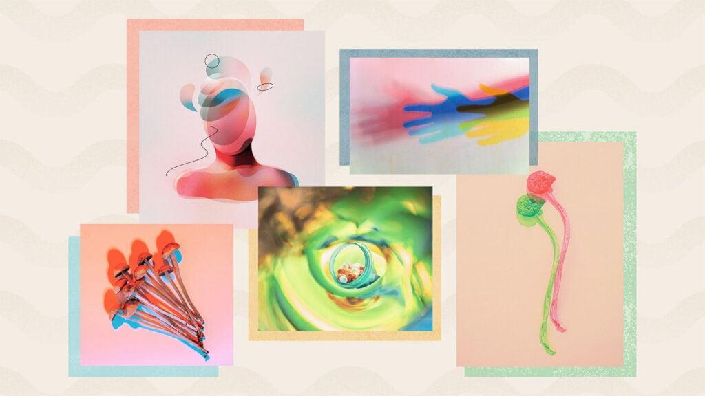 3 Tips to Prepare You For Your Magic Mushroom Trip | Magic Mushrooms 101 | My Supply Co. Collage art representing psilocybin therapy for an article on how to prepare for a magic mushroom trip