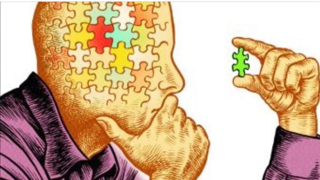 Illustration of a person with an incomplete puzzle for a head holding the final piece of the puzzle in their hand.