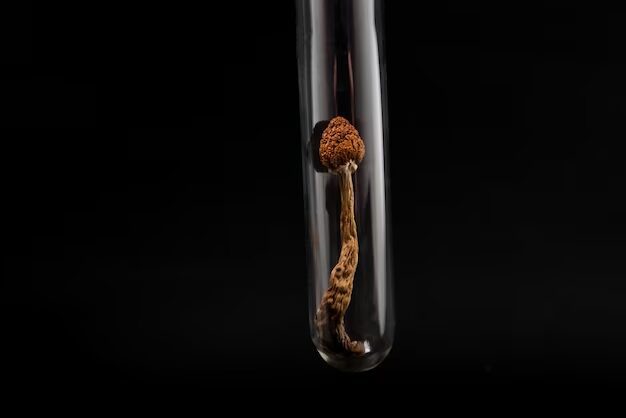 Image of a tiny psilocybin mushroom in a capsule for an article about mixing magic mushrooms with antidepressants