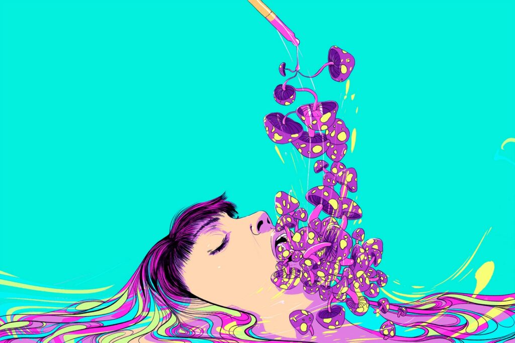 How to Choose a Mushroom Strain & How to Use Them Therapeutically | Magic Mushrooms 101 | My Supply Co. Illustration of a person consuming large amounts of magic mushrooms for a guide to choosing a magic mushroom strain