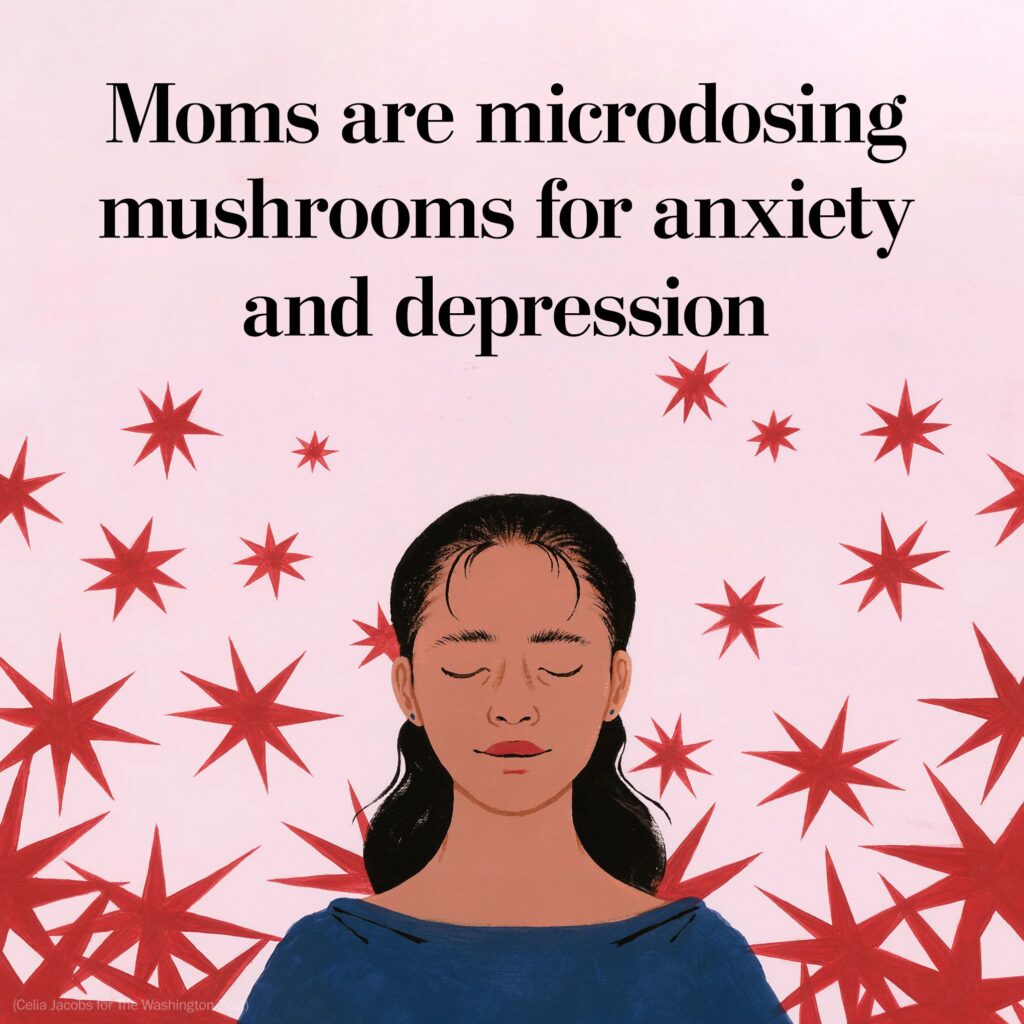 Illustration of a tranquil woman of color with text that reads "Moms are microdosing mushrooms for anxiety and depression." This illustration was used as the cover art for The Washington Post article: "Why some moms microdose mushrooms for anxiety, depression"