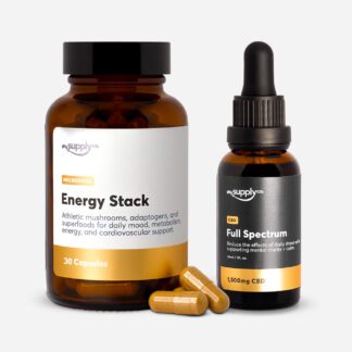 Image of My Supply Co.'s Don't Worry, Be Horny Unstress Stack - Energy Stack Microdose Capsules for healthy hormonal balance, libido, and creative energy and Full Spectrum CBD oil for regulating stress and easing you into the mood.