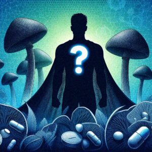 Mysterious Silhouette of a Superhero Surrounded by Magic Mushrooms and Pharmaceutical Drugs